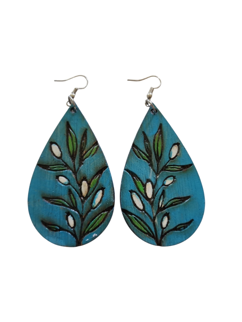 (3)Hand-Painted Teardrop Earrings in Turquoise with Leaf Motif